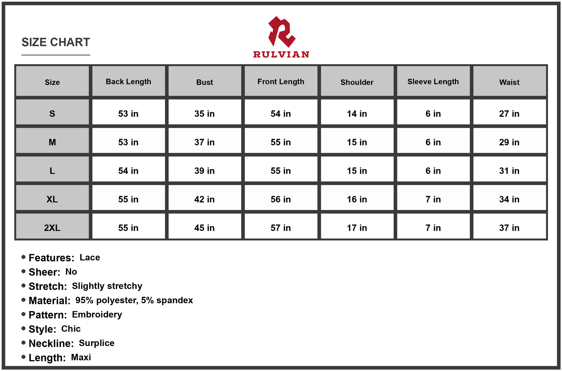 Size Chart - Women's Embroidered Surplice Neck Maxi Dress with Flutter Sleeves and A Line Hem Fabric 95% Polyester 5% Spandex