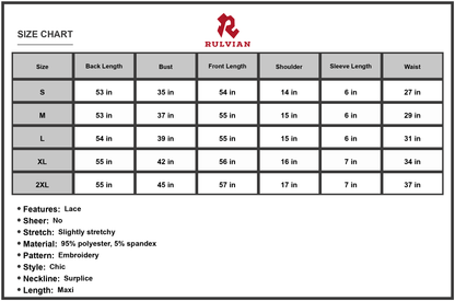 Size Chart - Women's Embroidered Surplice Neck Maxi Dress with Flutter Sleeves and A Line Hem Fabric 95% Polyester 5% Spandex