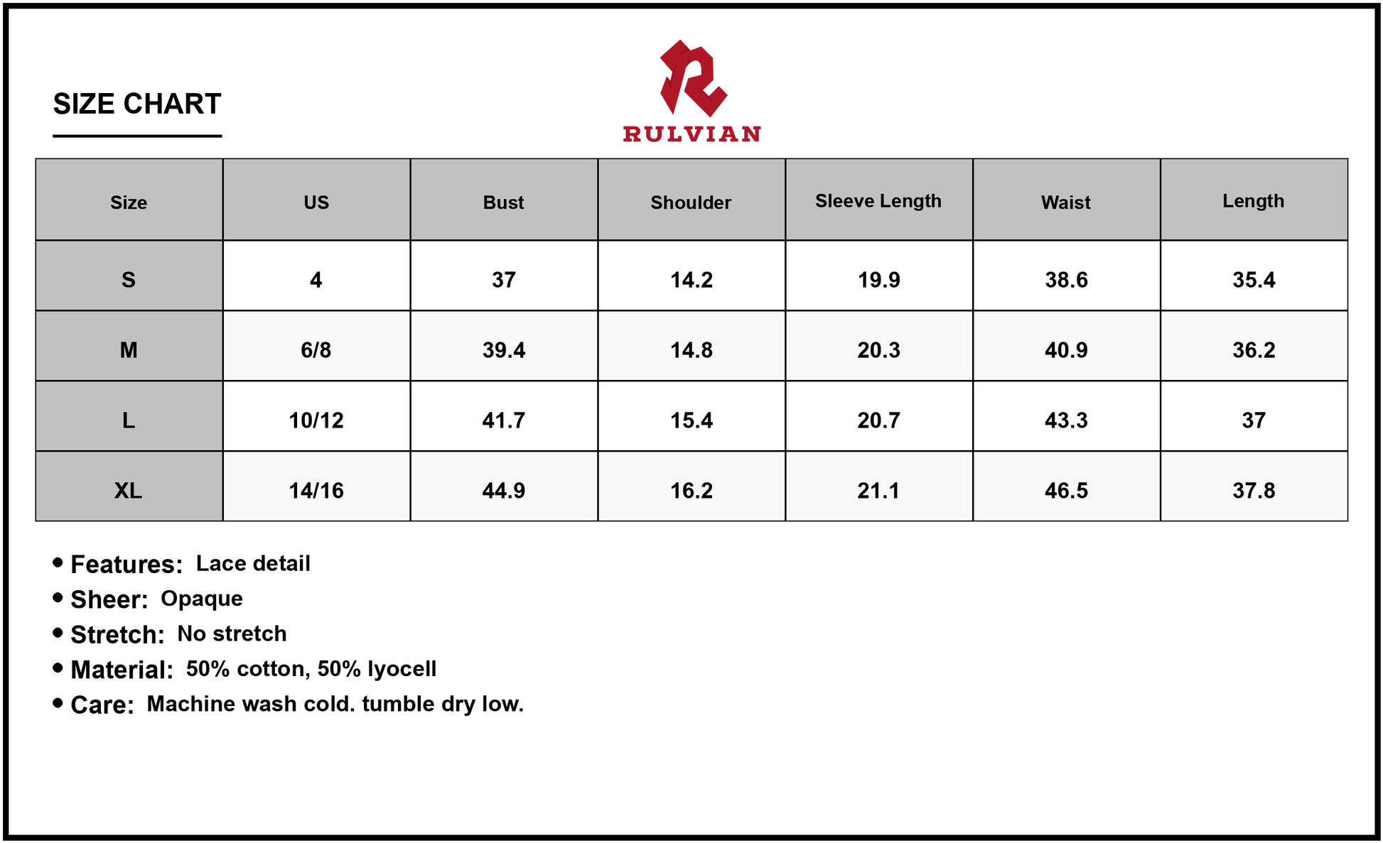 Size Chart - Women's Tiered Round Neck Three Quarter Sleeve Dress Lace Detail 50% Cotton 50% Lyocell Everyday Elegant Chic