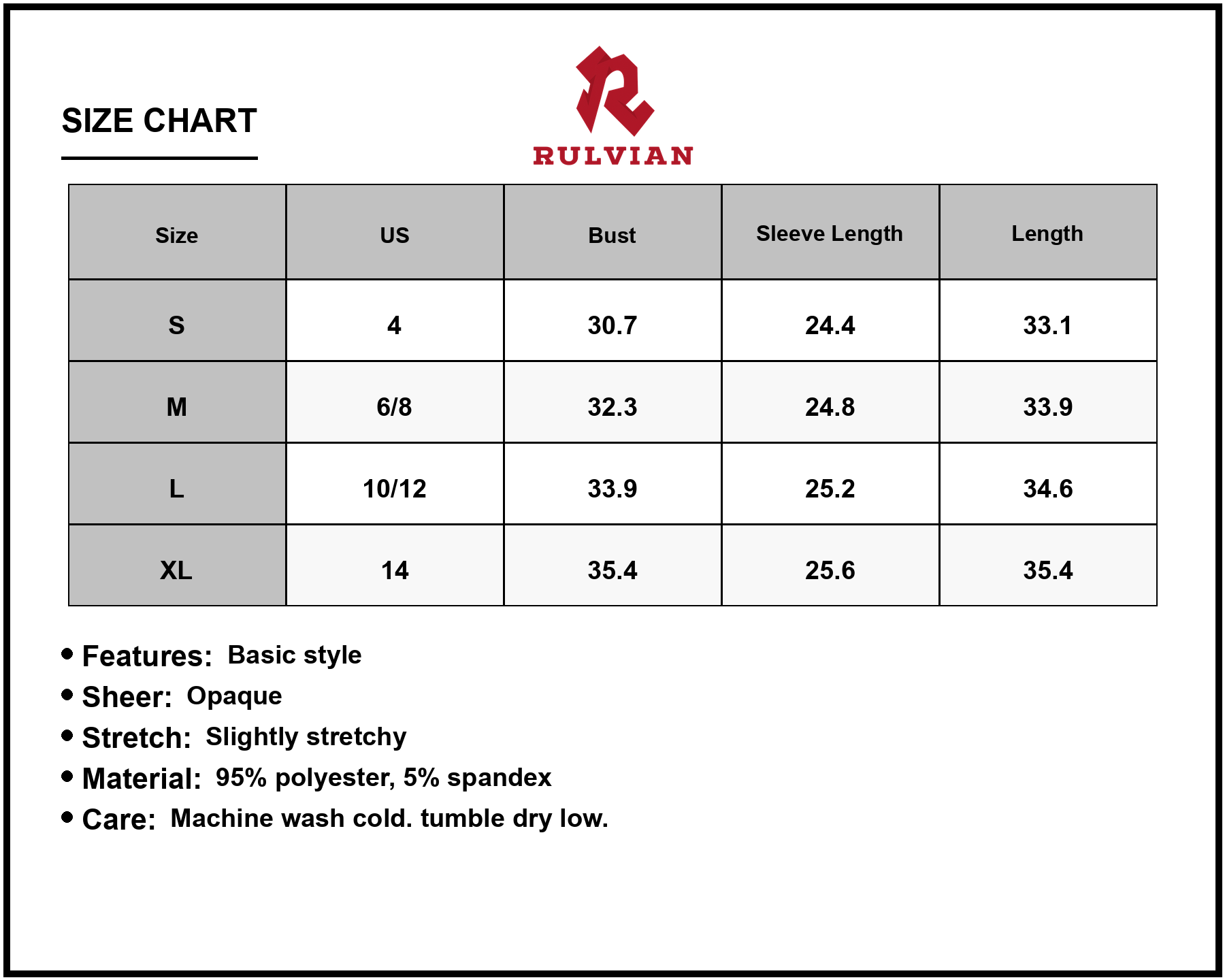 Size Chart - Women's Backless Round Neck Long Sleeve Mini Dress 95% Polyester 5% Spandex Lightweight Stretchy Silhouette Flattering