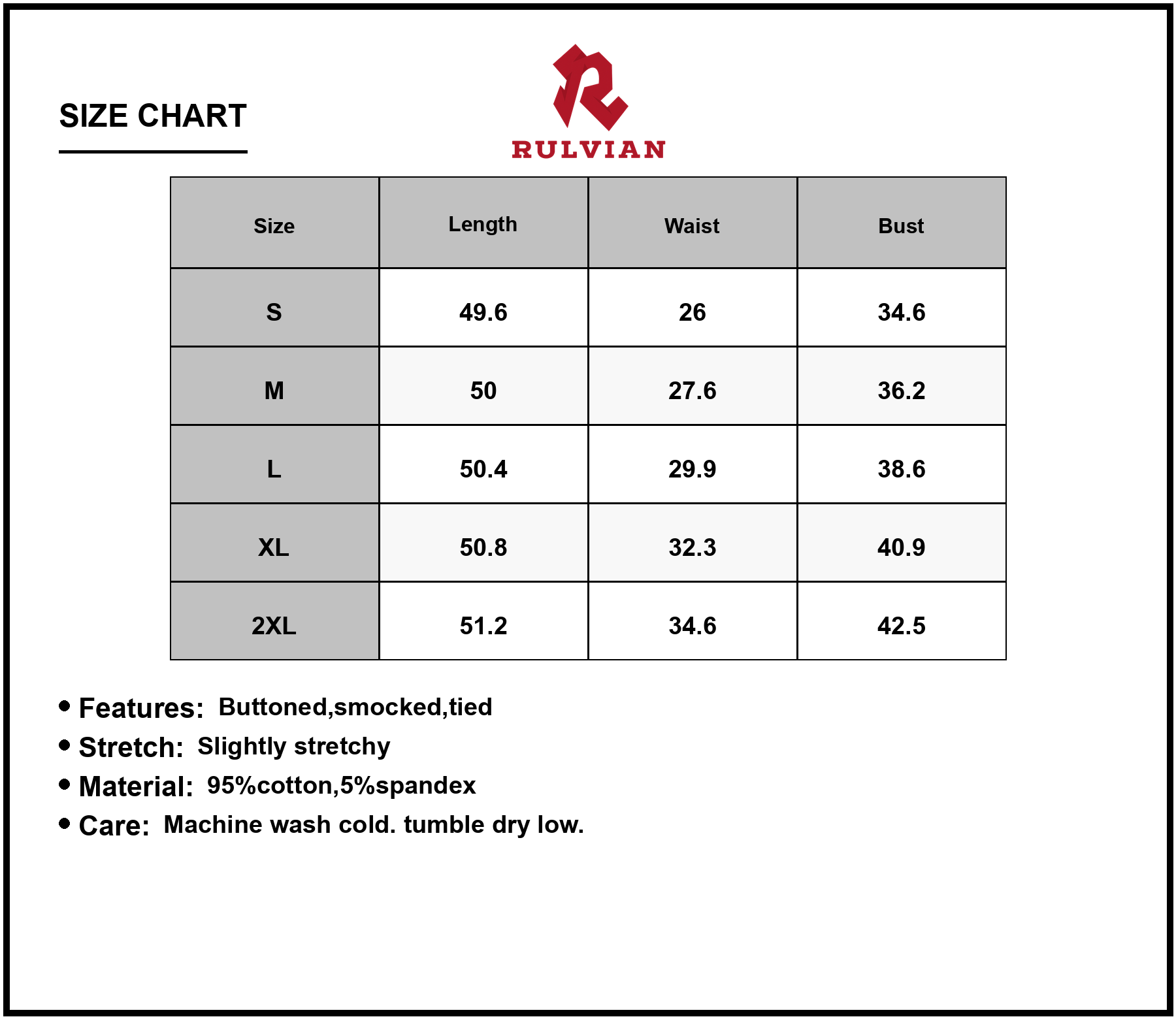 Size Chart - Women's Smocked Printed Half Sleeve Dress 95% cotton 5% spandex fabric tied waist daily wear comfortable everyday