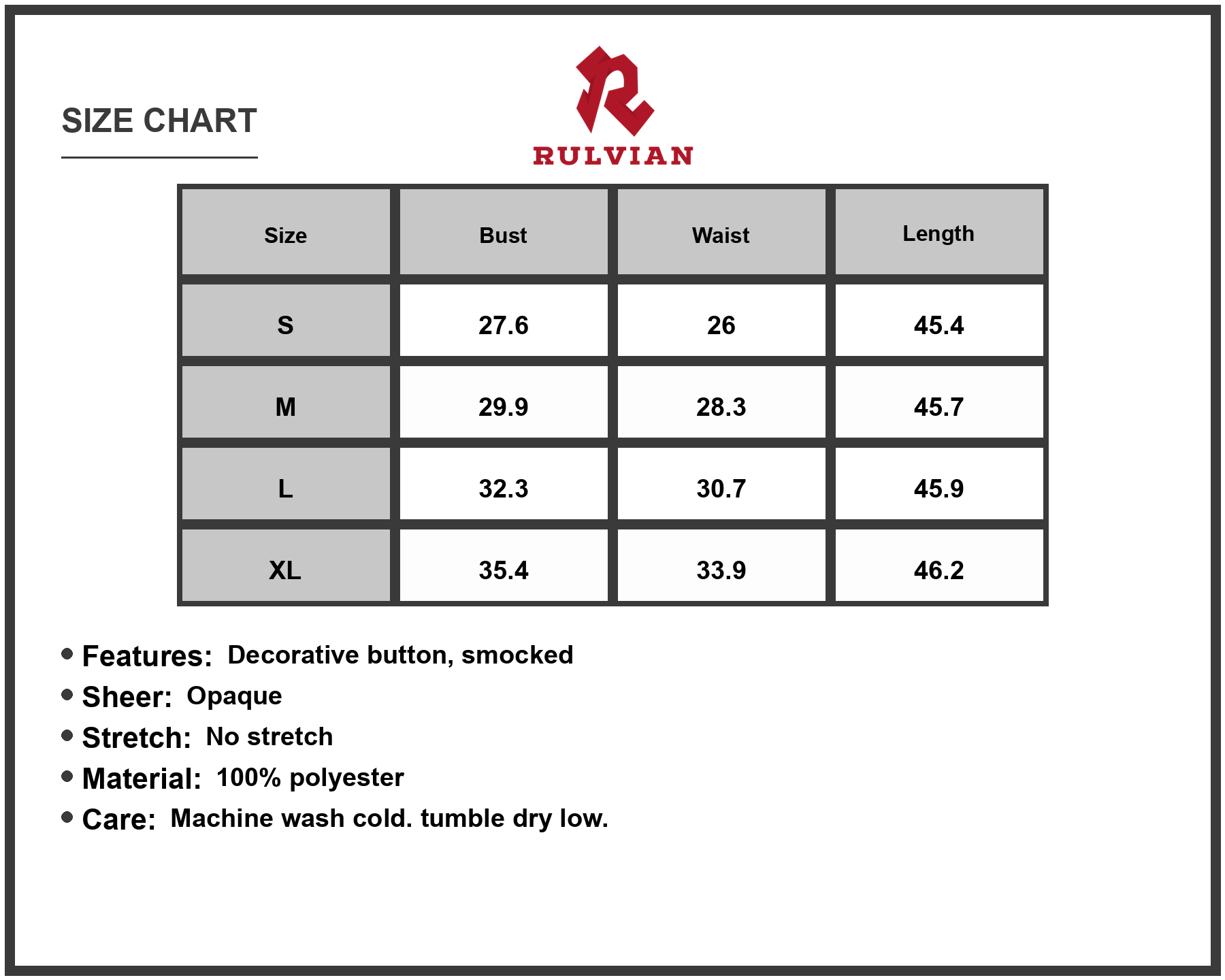 Size Chart - Women's Smocked Spaghetti Strap Ruffle Hem Dress 100% Polyester Lightweight Dress Feminine and Flowy Occasion Ready
