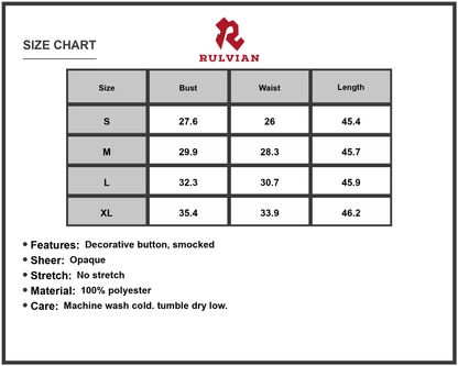 Size Chart - Women's Smocked Spaghetti Strap Ruffle Hem Dress 100% Polyester Lightweight Dress Feminine and Flowy Occasion Ready