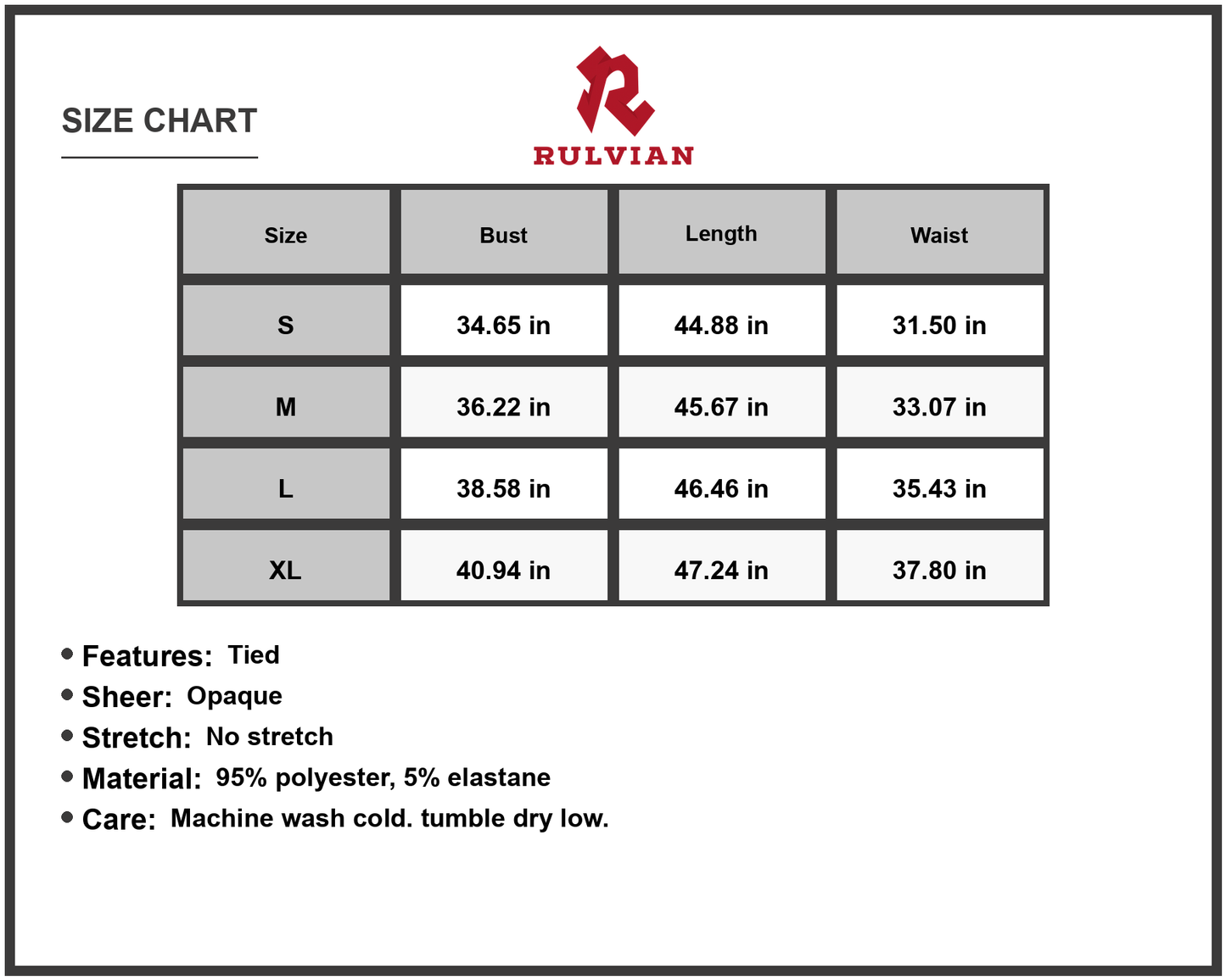 Size Chart - Women's Tied Slit Short Sleeve Dress Ninety Five Percent Polyester and Five Percent Elastane Fabric Blend for Easy Care