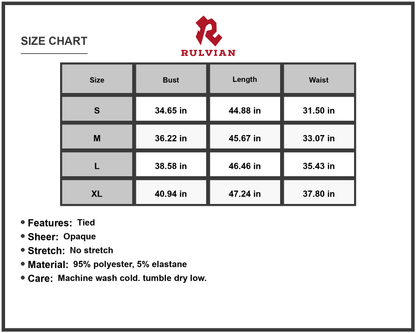 Size Chart - Women's Tied Slit Short Sleeve Dress Ninety Five Percent Polyester and Five Percent Elastane Fabric Blend for Easy Care