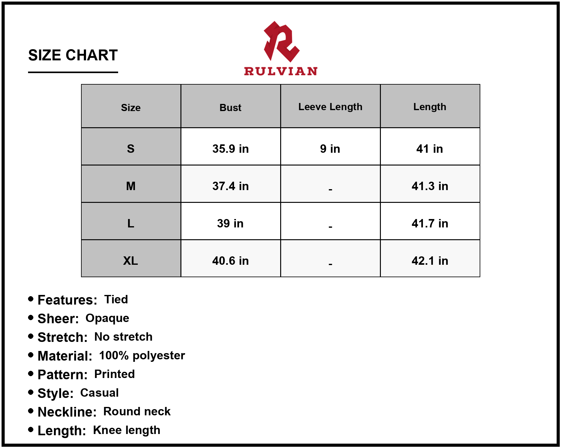 Size Chart - Women's Printed Round Neck Short Sleeve Pleated Dress Knee Length A Line Silhouette 100% Polyester Fabric Casual