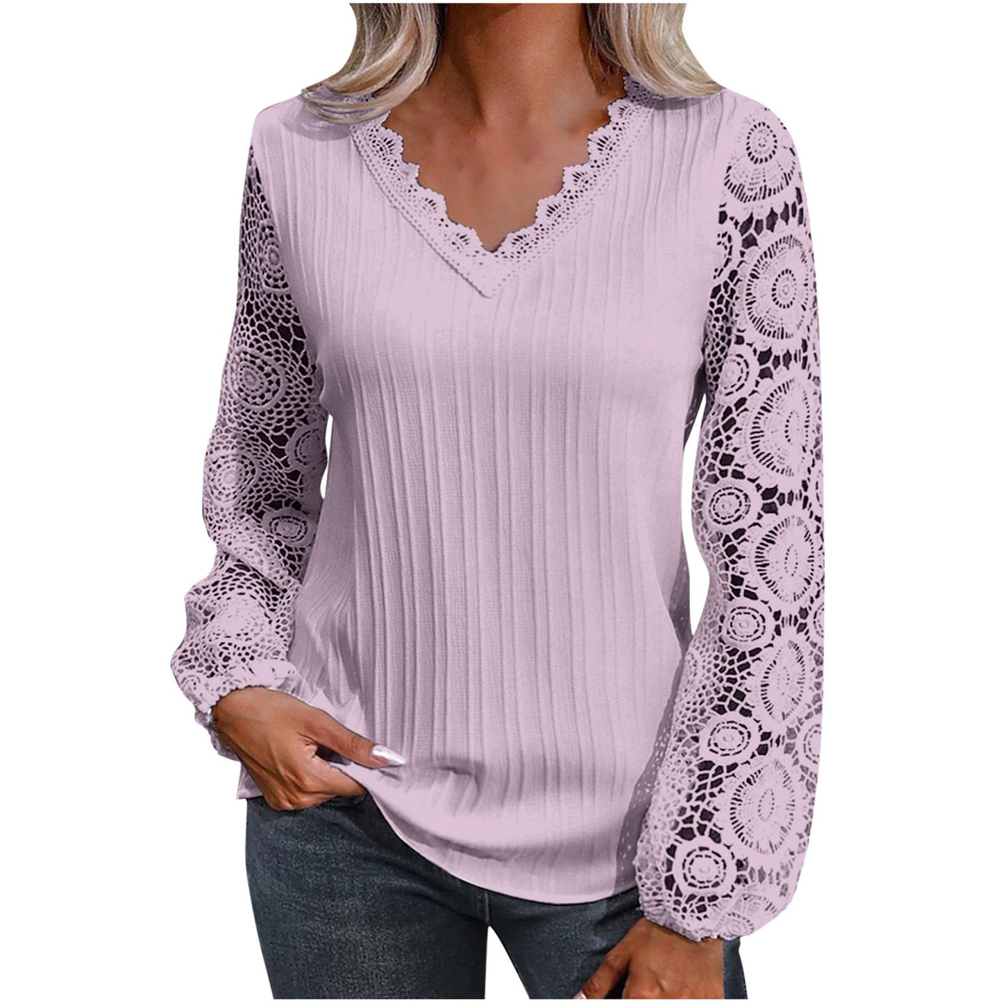 Womens V Neck Casual Loose Top With Lace Hem Long Sleeve 100% Polyester White Purple Black Blue Pink