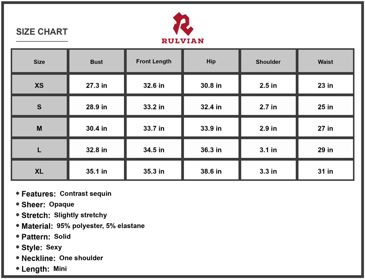 Size Chart - Women's Contrast Sequin Sleeveless Mini Dress One Shoulder Front Length Party Sparkle Look 95% Polyester 5% Elastane