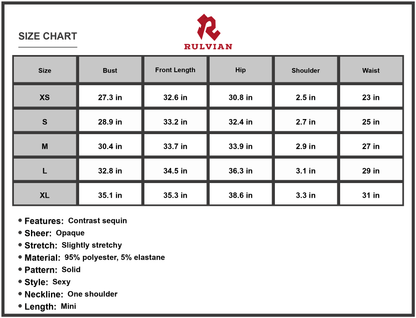 Size Chart - Women's Contrast Sequin Sleeveless Mini Dress One Shoulder Front Length Party Sparkle Look 95% Polyester 5% Elastane