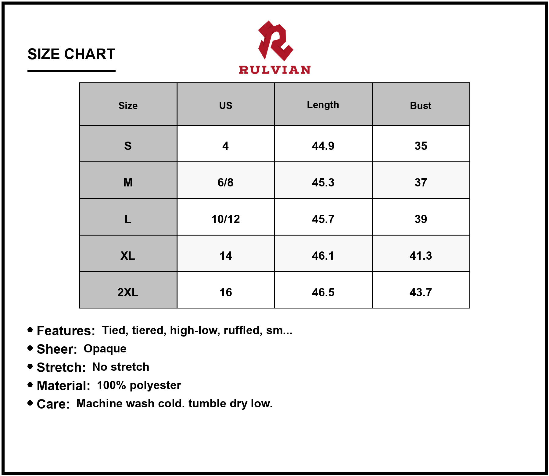 Size Chart - Women's Ruffled Sleeveless Tiered Maxi Dress with Pockets for Everyday Wear 100% Polyester Fabric Lightweight