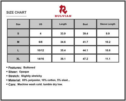 Size Chart - Women's Collared Neck Buttoned Patchwork Short Sleeve Mini Dress for Daily Wear 85% Polyester 10% Cotton 5% Elastane