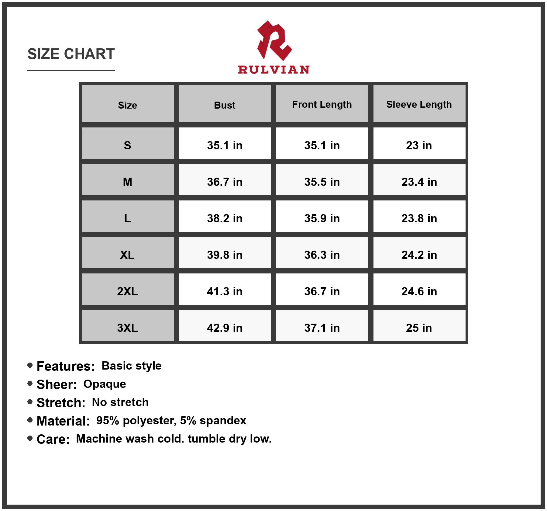 Size Chart - Women's Full Size Christmas Long Sleeve Dress for Holiday Party with Classic Silhouette 95% Polyester 5% Spandex Fabric