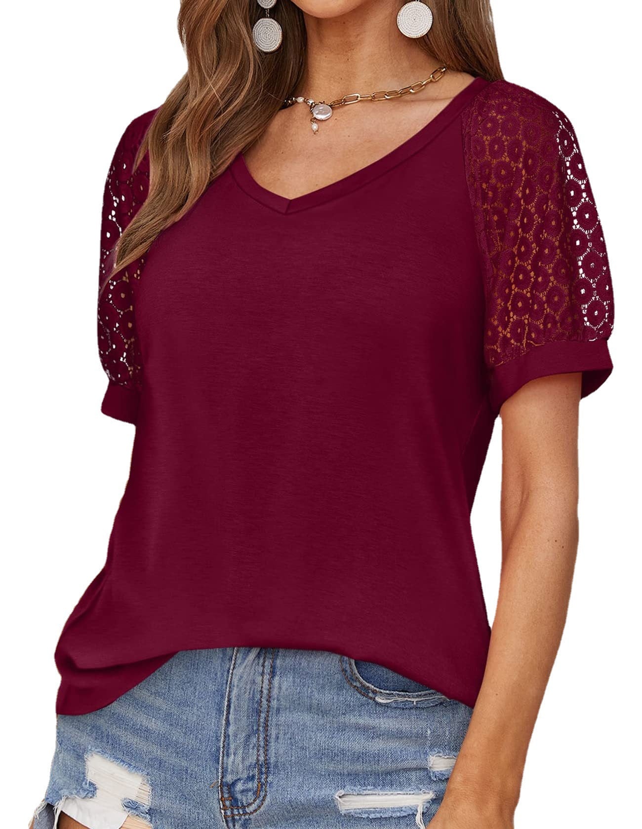 Women's V-neck Lace Stitching Casual T-shirt in Polyester % Fabric Short Sleeve Everyday Wear Comfort Fit