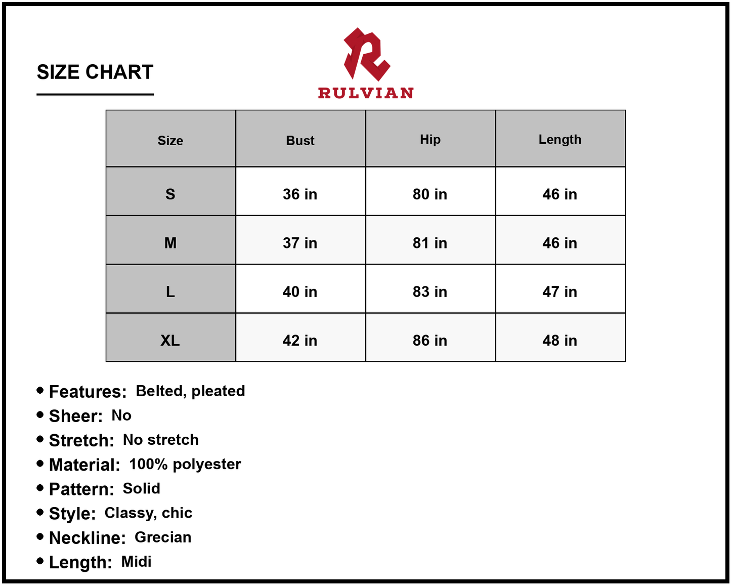 Size Chart - Women's Tie Belt Pleated Midi Dress with Grecian Neckline Sleeveless Classy Solid A line Silhouette 100% Polyester