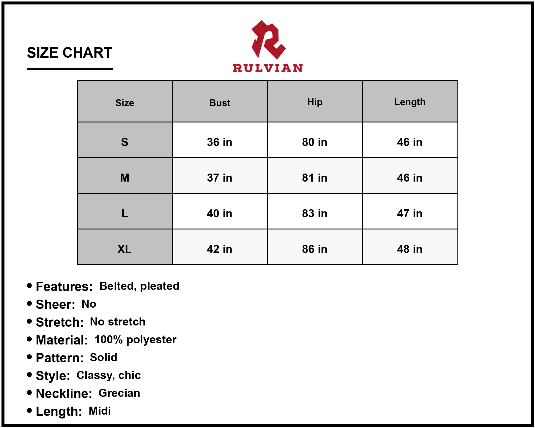 Size Chart - Women's Tie Belt Pleated Midi Dress with Grecian Neckline Sleeveless Classy Solid A line Silhouette 100% Polyester