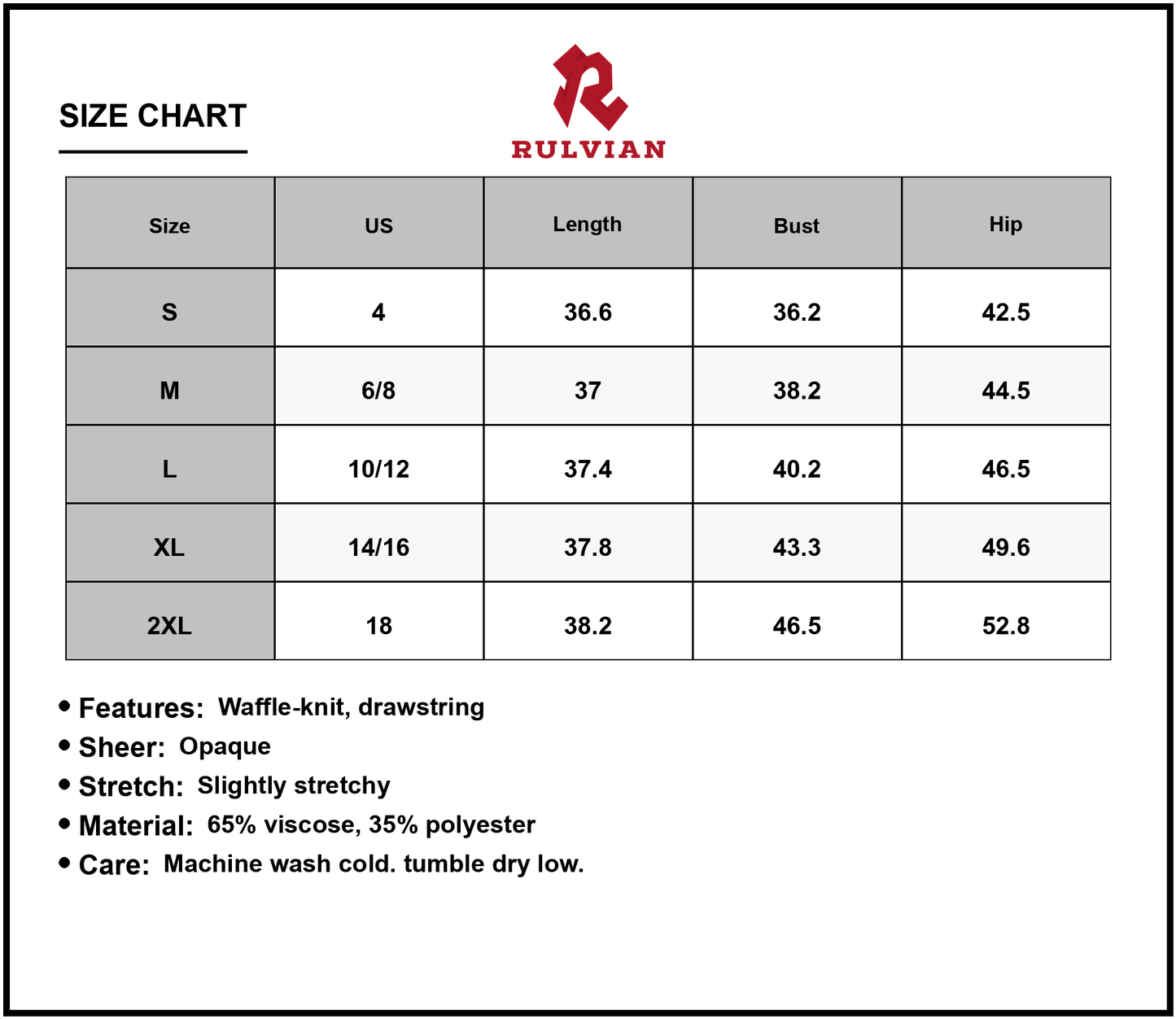 Size Chart - Women's Waffle Knit Drawstring Mini Tank Dress with Lined Body and Stretchy Soft fabric 65% Viscose 35% Polyester