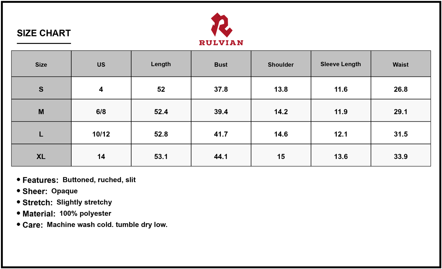 Size Chart - Women's V-Neck Puff Short Sleeve Midi Dress with Buttoned Ruched Slit and Lined Sheer Overlay 100% Polyester Fabric