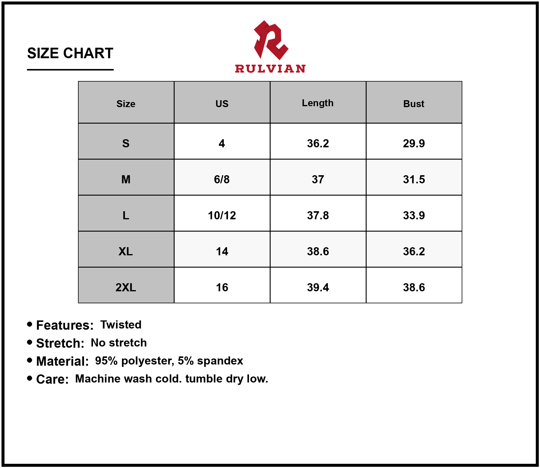 Size Chart - Women's Twisted Front V Neck Sleeveless Dress with Stretch 95% Polyester 5% Spandex for Flattering Fit Everyday Wear