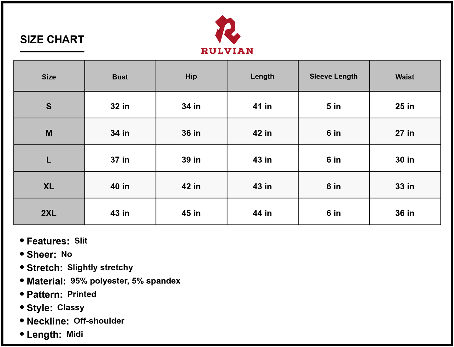 Size Chart - Women's Printed Off Shoulder Midi Dress with Slit 95% Polyester 5% Spandex Casual Classy Everyday Wear Ideal for Day