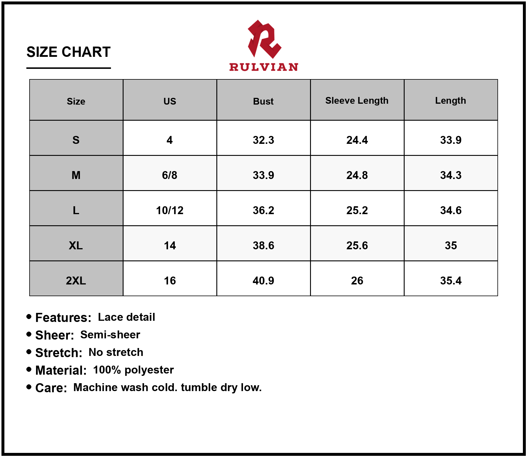 Size Chart - Women's Ruched Surplice Long Sleeve Dress with Lace Detail in 100% Polyester Fabric for Elegant Evening Wear Style