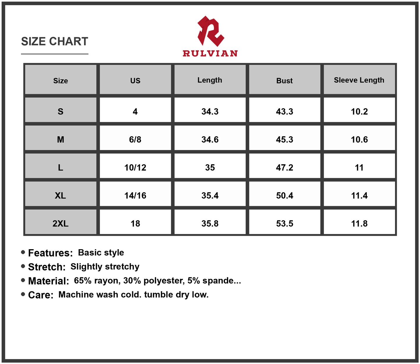 Size Chart - Women's Printed Round Neck Short Sleeve Mini Dress 65% rayon 30% polyester 5% spandex Lightweight Comfortable Wear