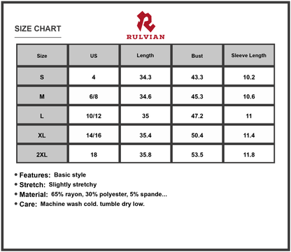 Size Chart - Women's Printed Round Neck Short Sleeve Mini Dress 65% rayon 30% polyester 5% spandex Lightweight Comfortable Wear
