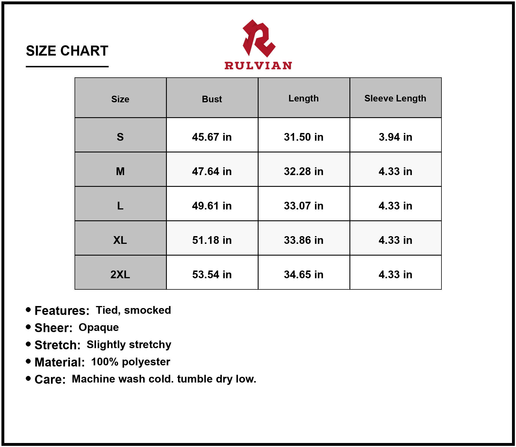 Size Chart - Women's Smocked Tie Neck Flounce Sleeve Dress 100% Polyester Fabric Lightweight Versatile for Day or Evening Wear
