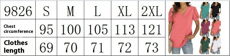 Size Chart - European And American Summer Casual V-neck Solid Color Puff Sleeve Loose T-shirt For Women