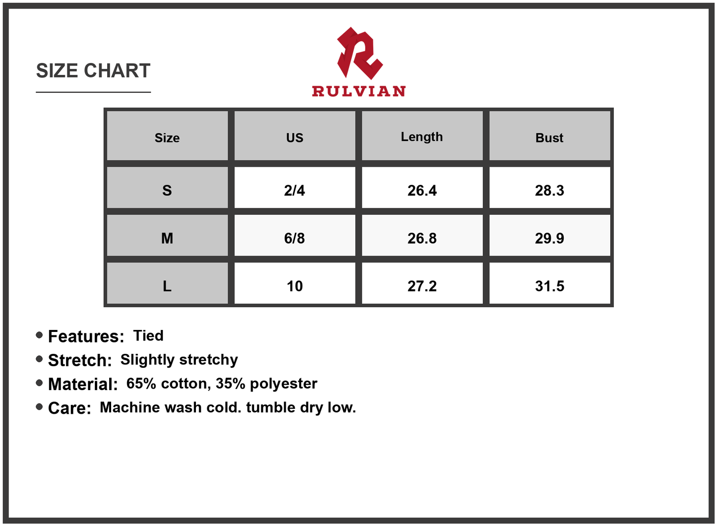 Size Chart - Women's Square Neck Mini Cami Dress 65% Cotton 35% Polyester Tied Stretch Bodice Sleek Flattering Silhouette Easy Care