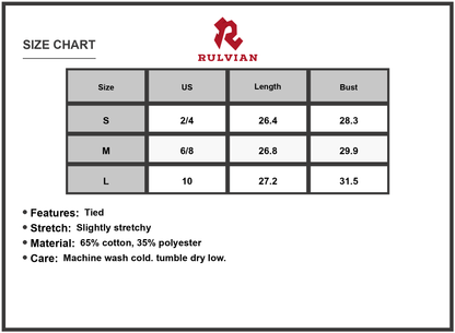 Size Chart - Women's Square Neck Mini Cami Dress 65% Cotton 35% Polyester Tied Stretch Bodice Sleek Flattering Silhouette Easy Care