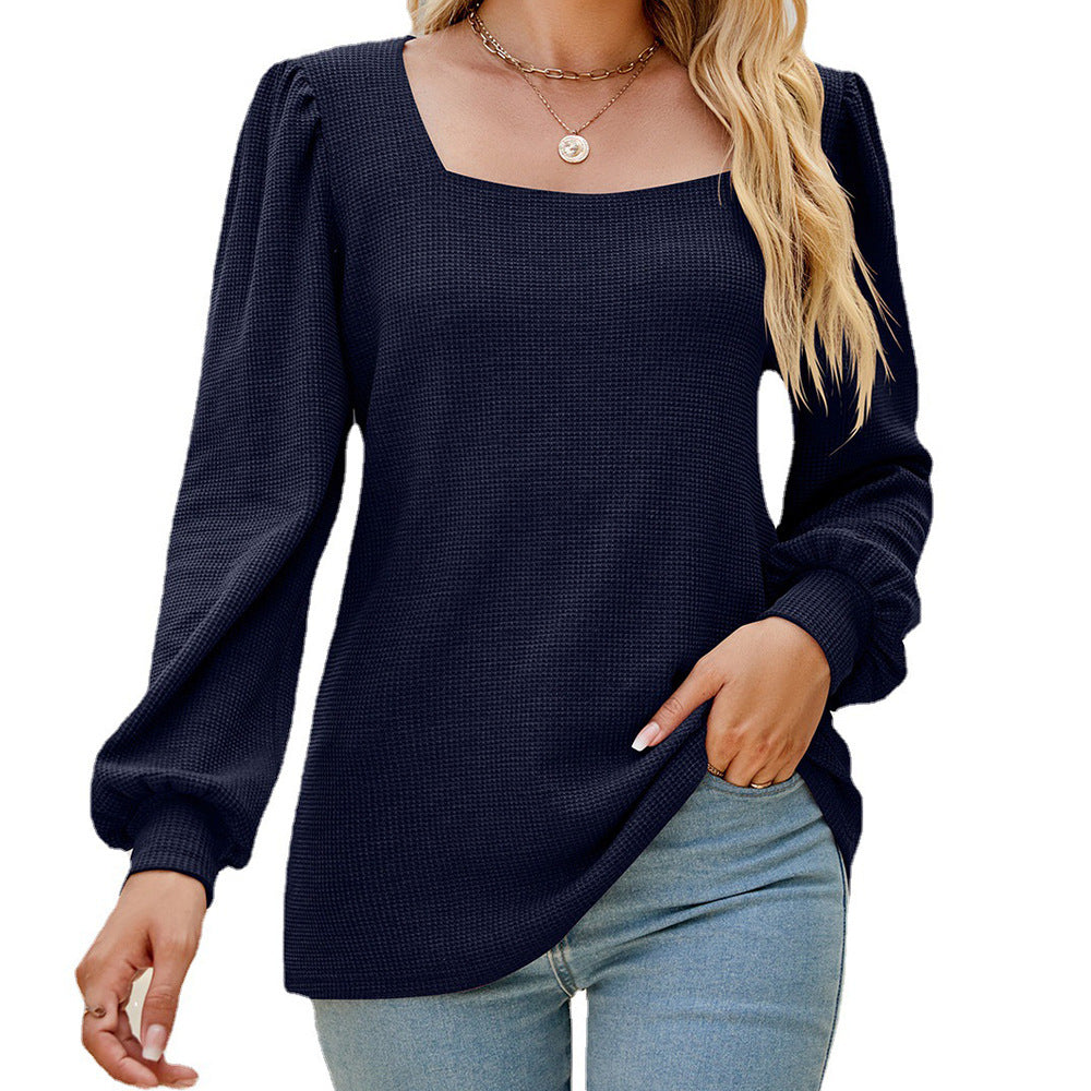 Women's U Neck Pleated Puff Sleeve Top Loose Casual Solid Color Cotton Blend 60% Cotton Soft Knit Everyday