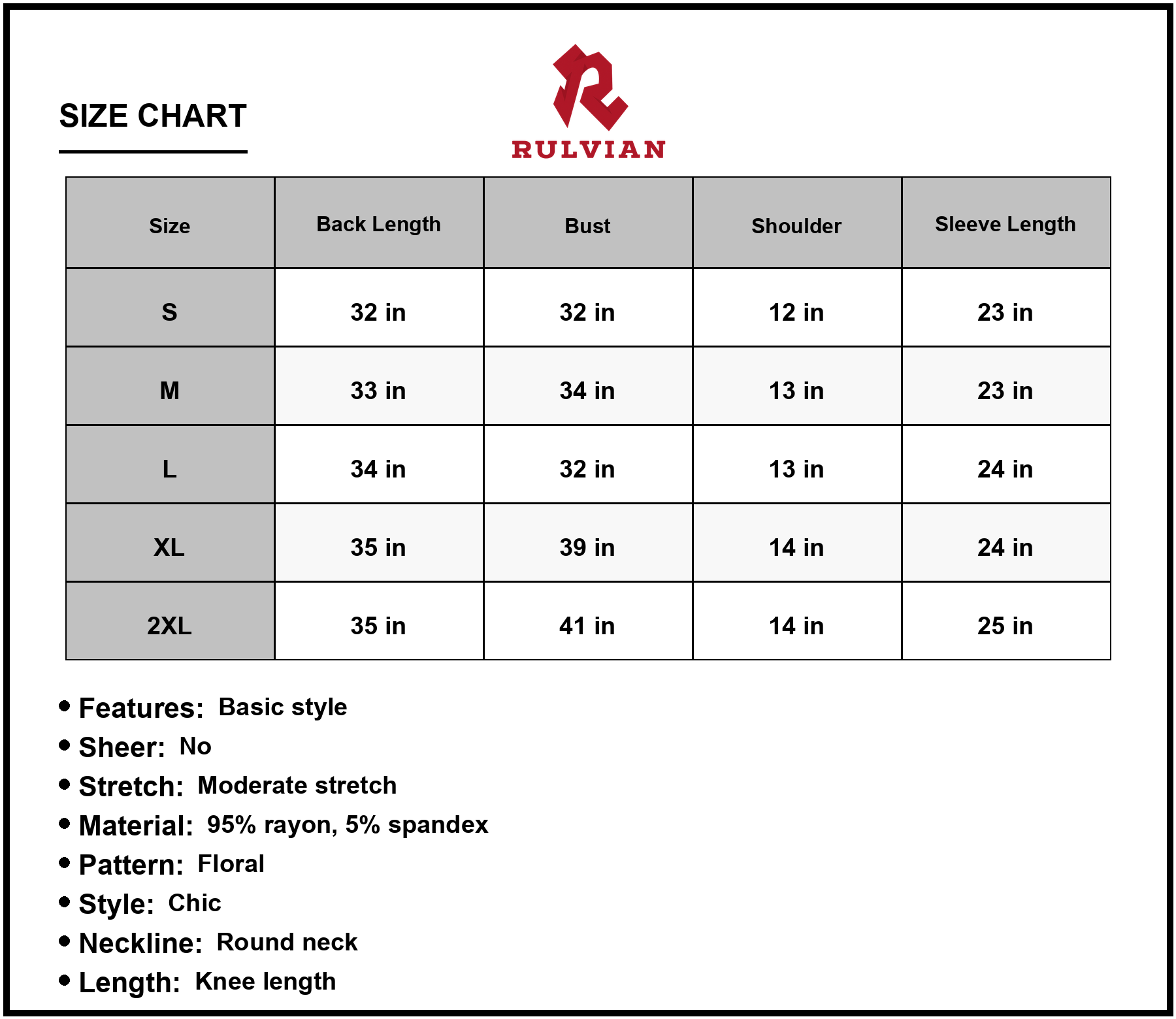 Size Chart - Women's Floral Round Neck Short Sleeve Knee Length Dress 95% rayon 5% spandex Chic Elegant Lightweight Fabric Quality