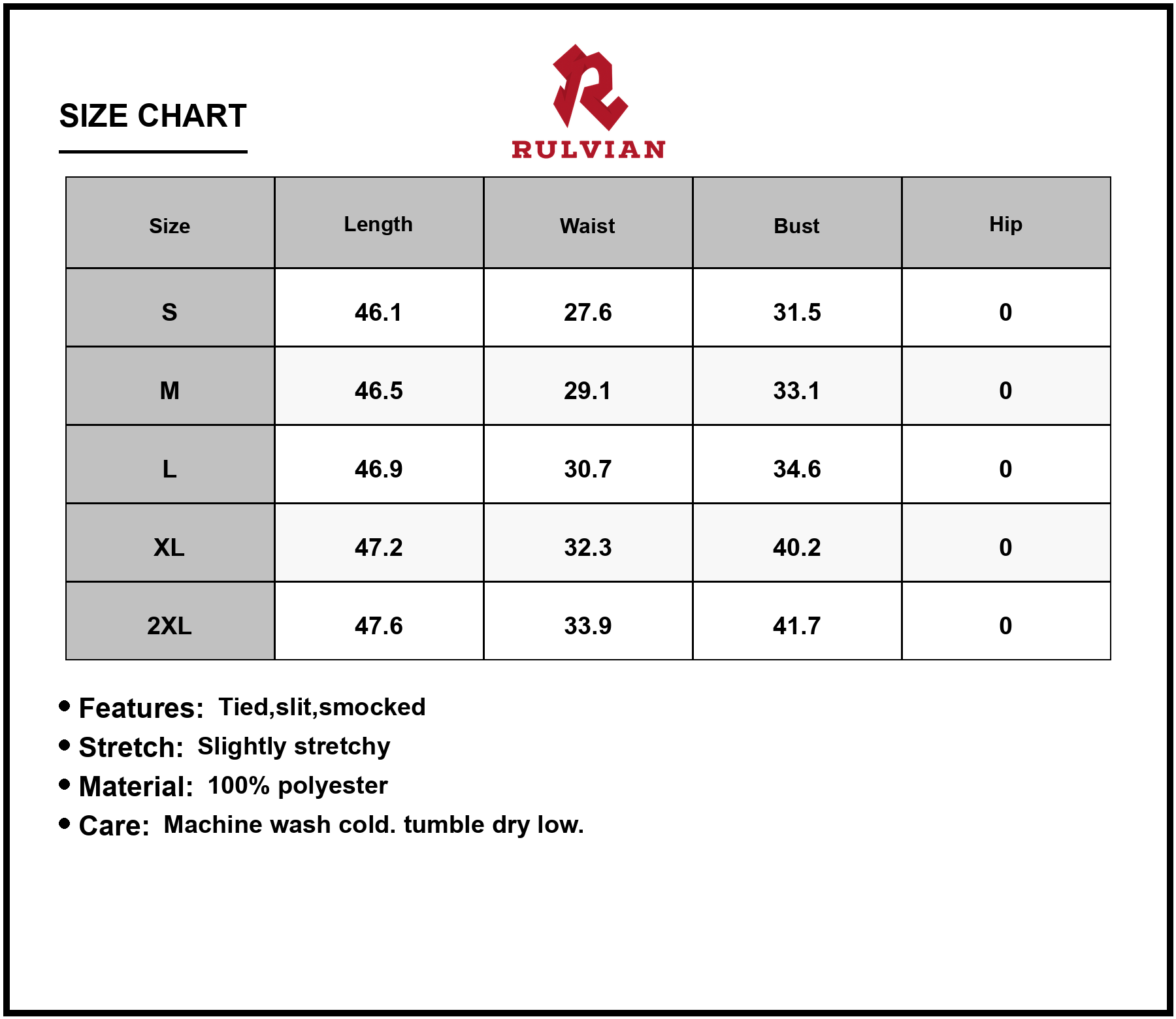 Size Chart - Women's Tied Front Printed Slit Maxi Cami Dress Smocked Stretch Lightweight 100% Polyester Summer Outfit for warm days