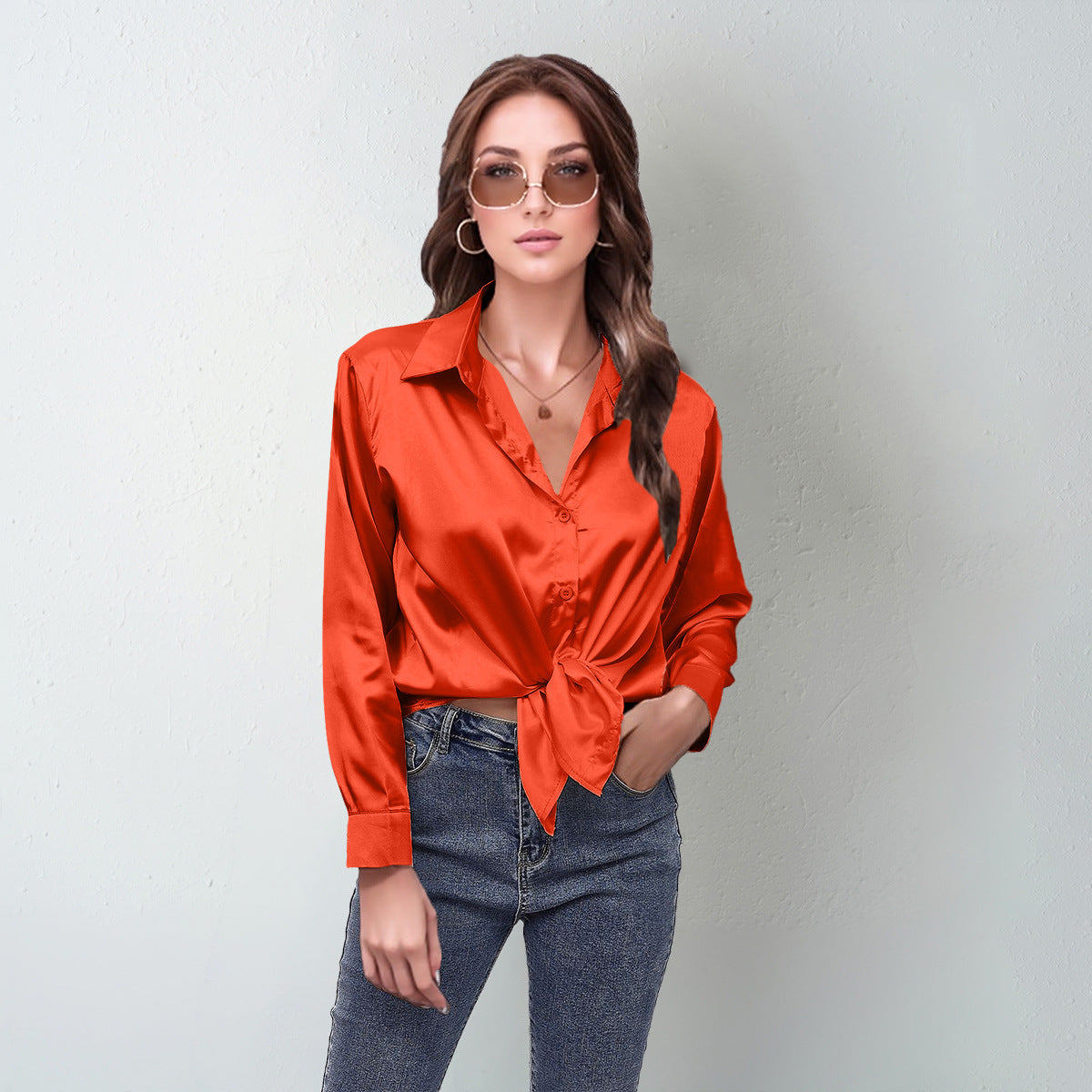 Womens Silk Like Long Sleeve Shirt Top Polyester Blend Soft Lightweight Comfort For Daily Wear Everyday Outfit