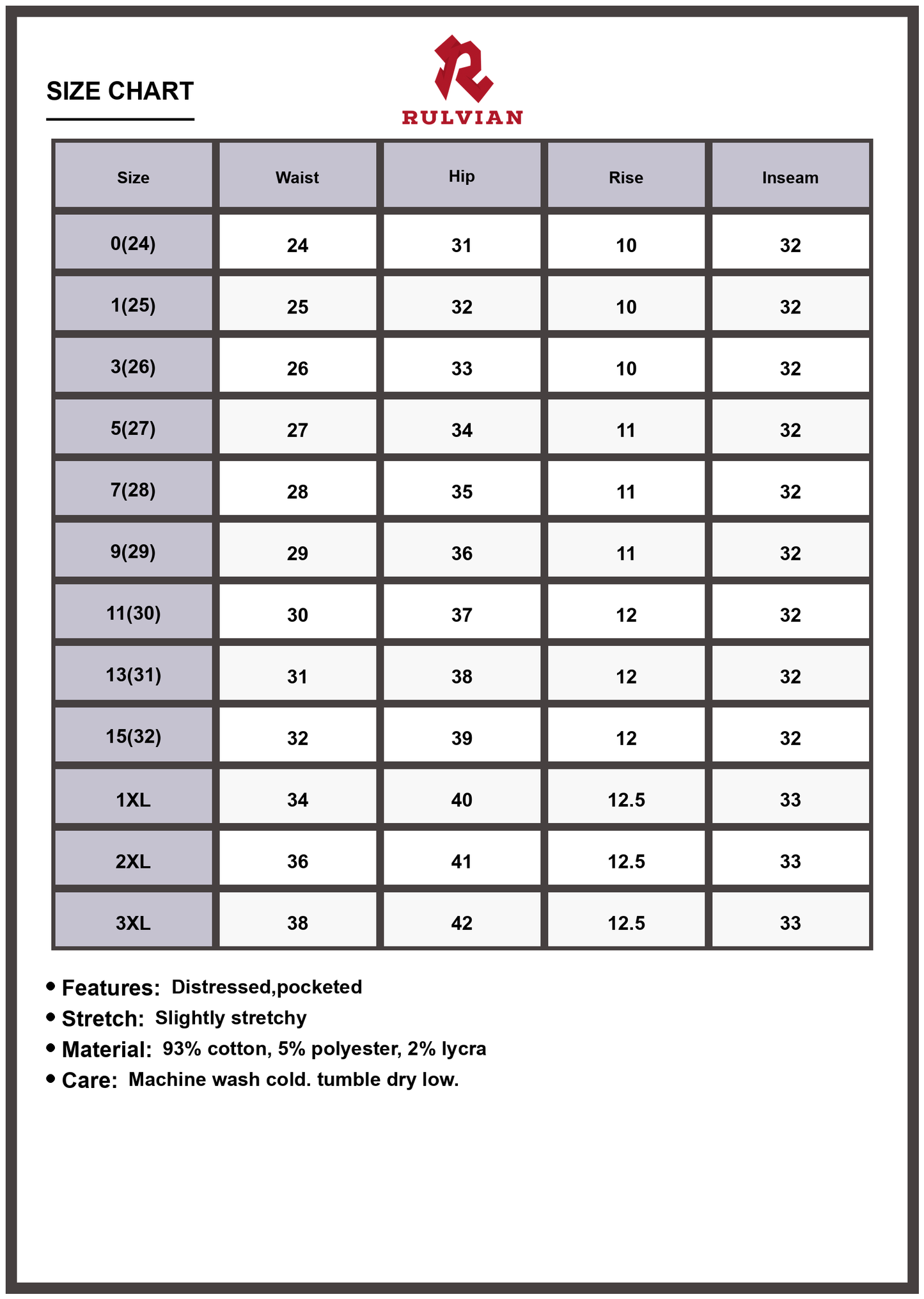 Size Chart - Women's Plus Size High Rise Tummy Control Straight Distressed Jeans Premium Stretch Denim Flattering Silhouette Durable Casual