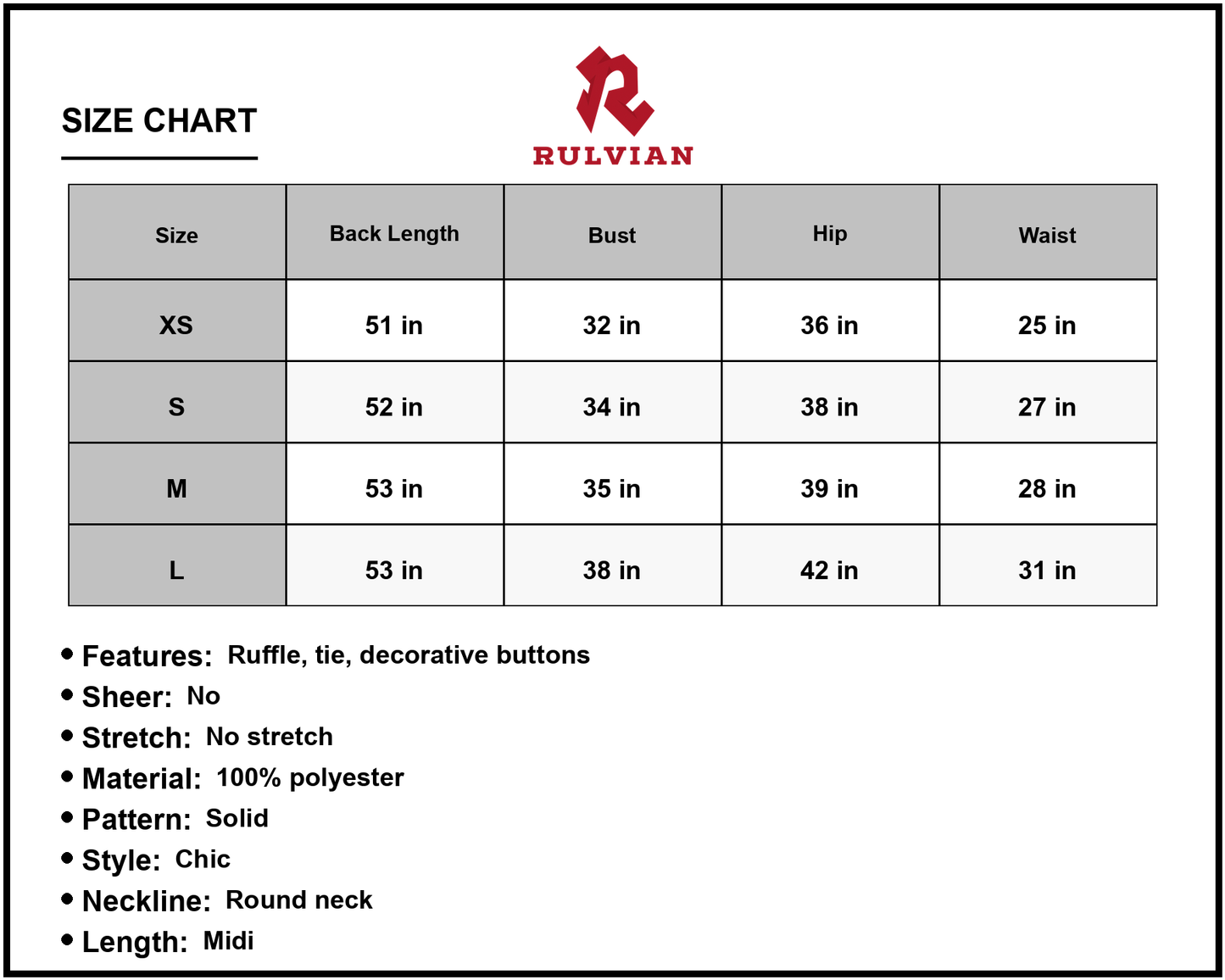 Size Chart - Women's Shiny Decorative Button Spaghetti Strap Midi Dress with Ruffle Hem Round Neck Sleeveless Style Polyester 100%