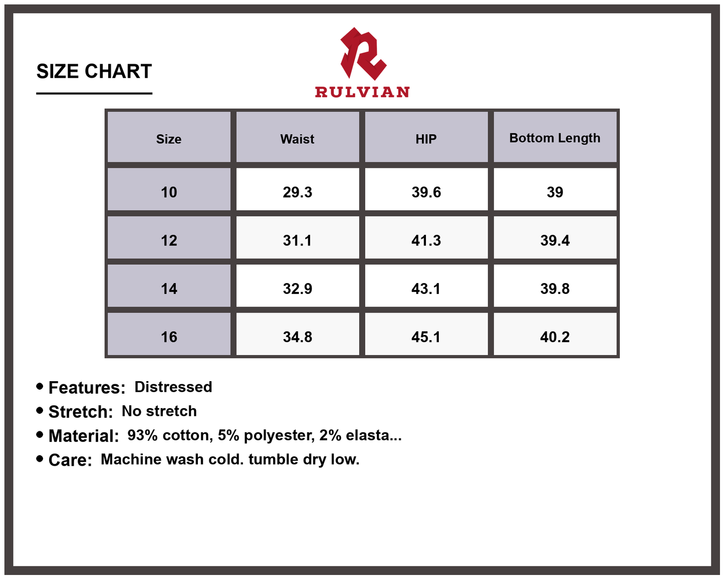 Size Chart - Women's High Waist Distressed Jeans No Stretch Denim Casual Everyday Fashion Premium Durable Modern Apparel