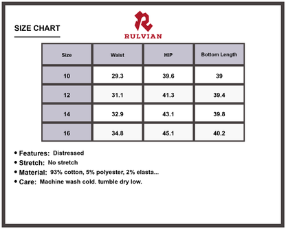 Size Chart - Women's High Waist Distressed Jeans No Stretch Denim Casual Everyday Fashion Premium Durable Modern Apparel