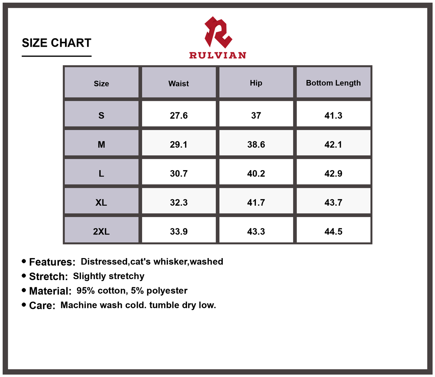 Size Chart - Men's Distressed High-Waist Straight Leg Jeans Premium Quality Durable Versatile Classic Fit Everyday Casual Fashion Denim Pants