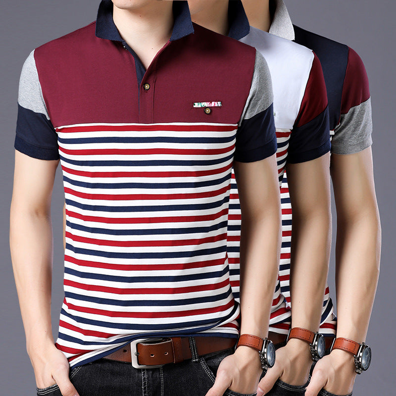 Men's Plus Size Short Sleeve Striped Lapel T Shirt Lightweight Ninety Five Percent Cotton White Red Navy