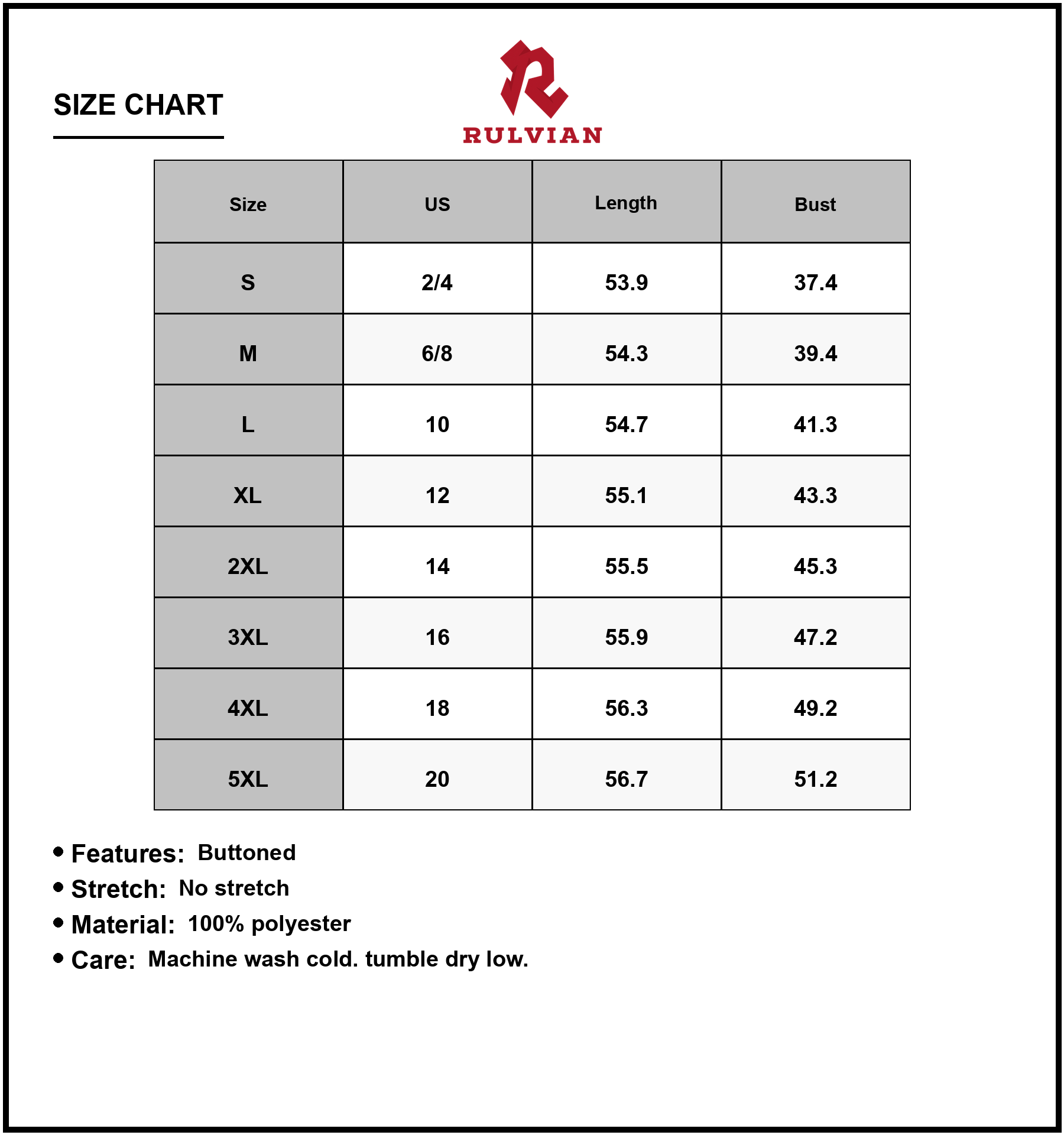 Size Chart - Women's Relaxed Fit Short Sleeve Dress 100% Polyester Full Size Plus Size Everyday Comfort Easy Care All Day Comfort