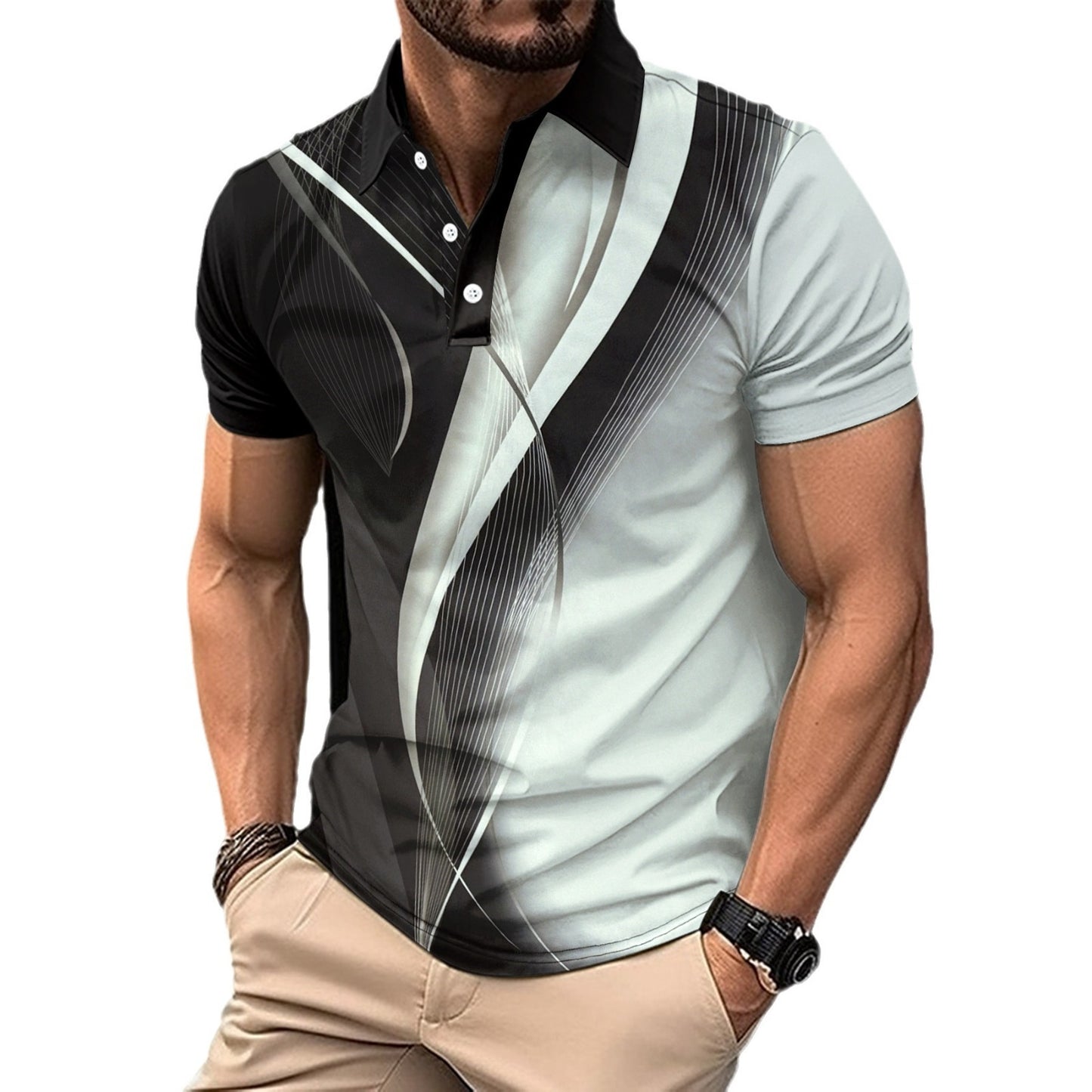 Men's Colorblock Lapel Button T Shirt 100% Polyester Loose Fit Casual Top For Daily Wear Comfort All Day