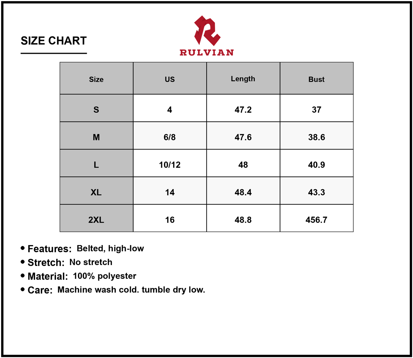 Size Chart - Women's Printed Surplice Short Sleeve Maxi Dress with Belted High Low Hem 100% Polyester Flattering Fit for Day Wear