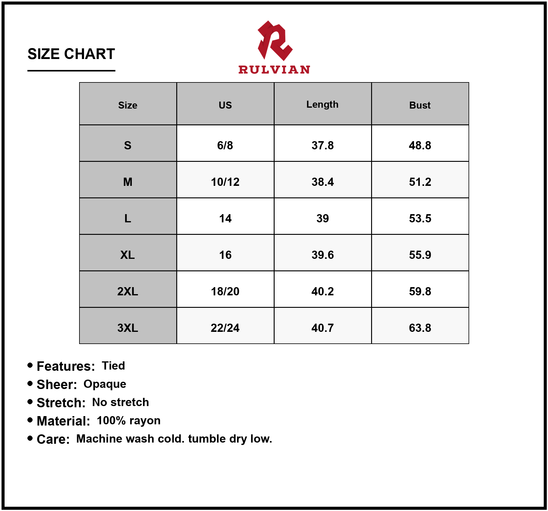 Size Chart - Women's Flowing Full Size Printed V Neck Drawstring Dress with Sheer Tied Overlay Lined 100% Rayon Lightweight Upgrade