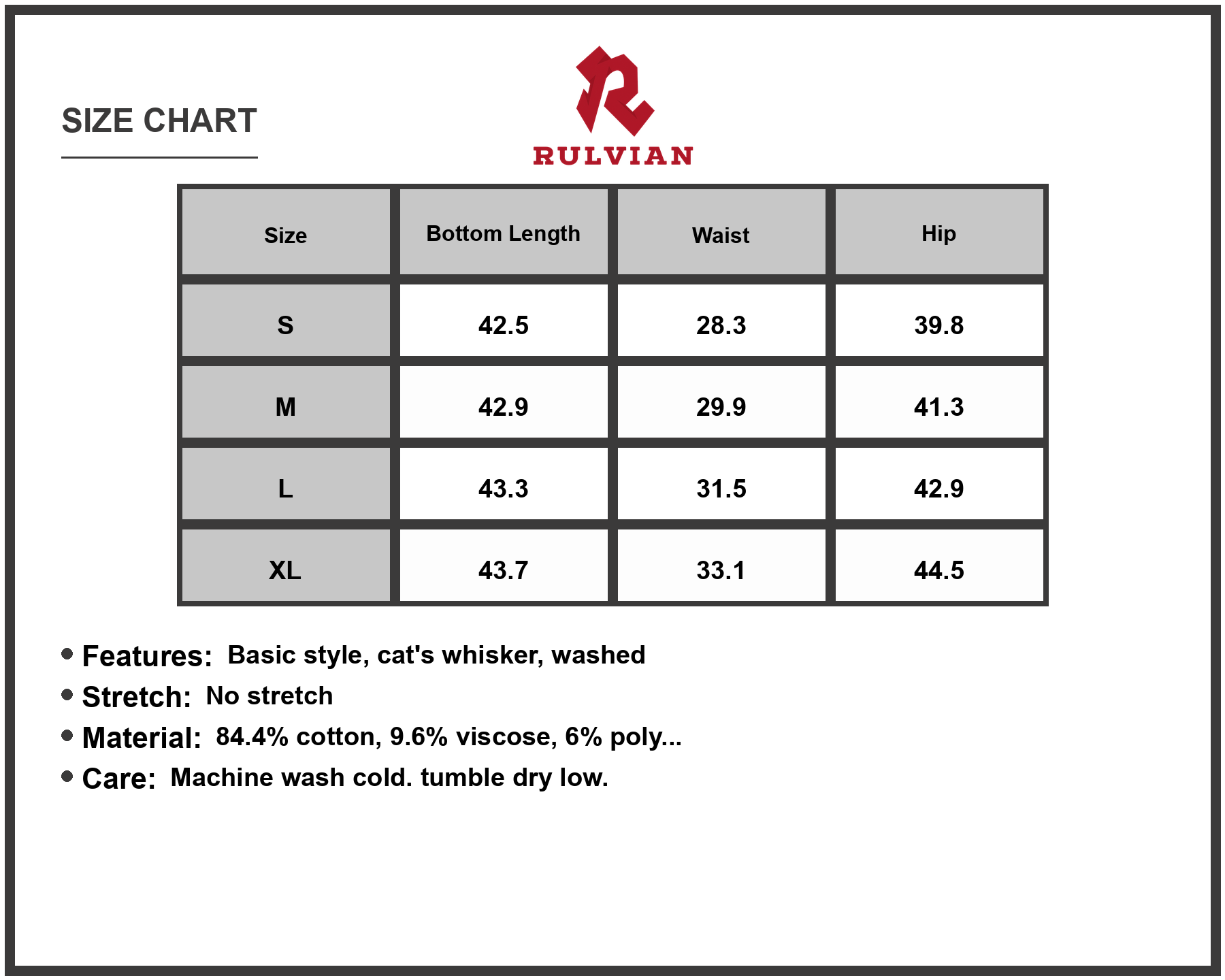 Size Chart - Men Wide Leg Jeans Washed Denim Casual Loose Fit Non Stretch Everyday Durable Cotton Blend Fabric Cat Whisker Detail