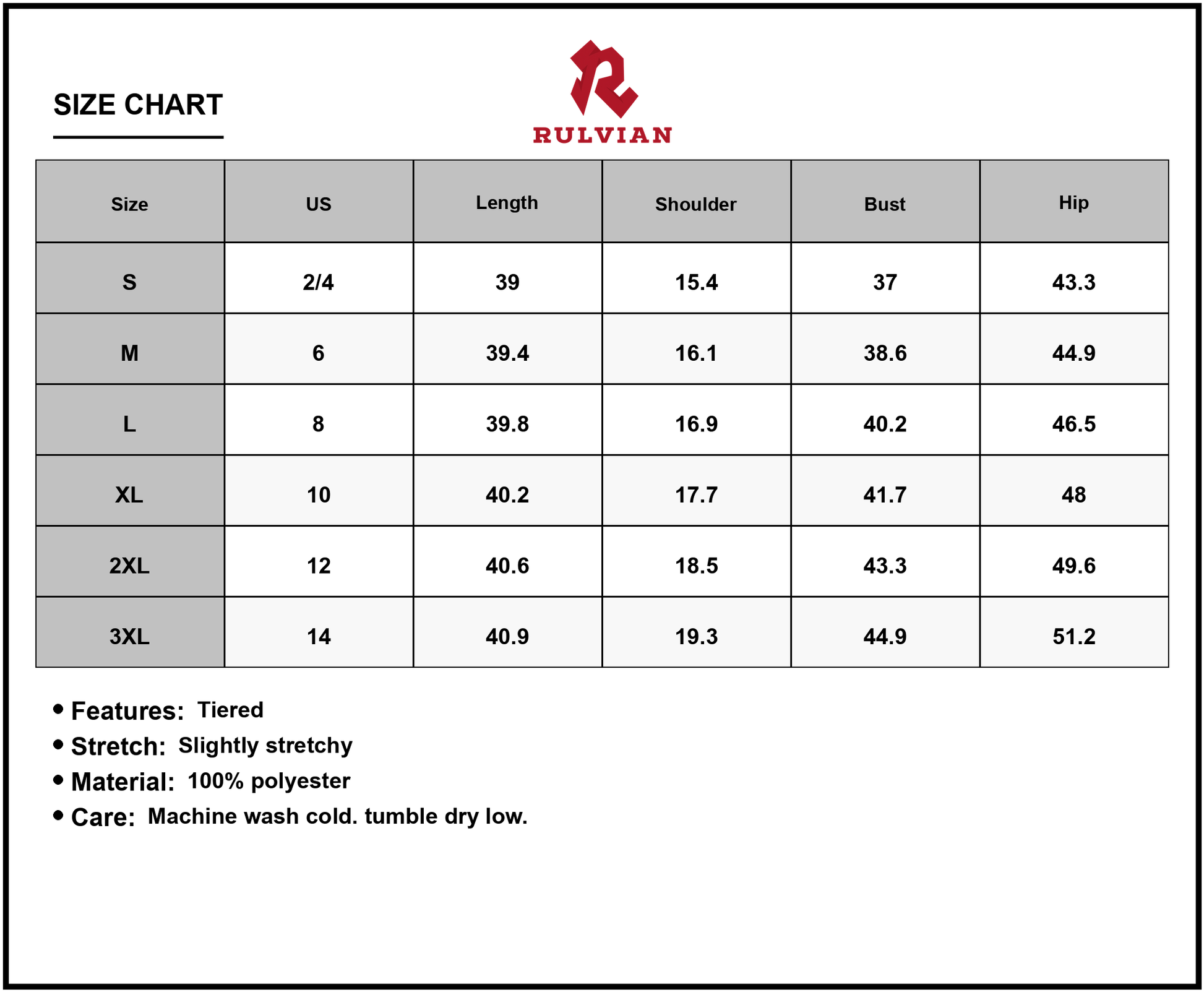 Size Chart - Women's Full Size Color Block Tiered Ruffle Summer Dress Plus Size Lightweight 100% Polyester Easy Care Machine Washable