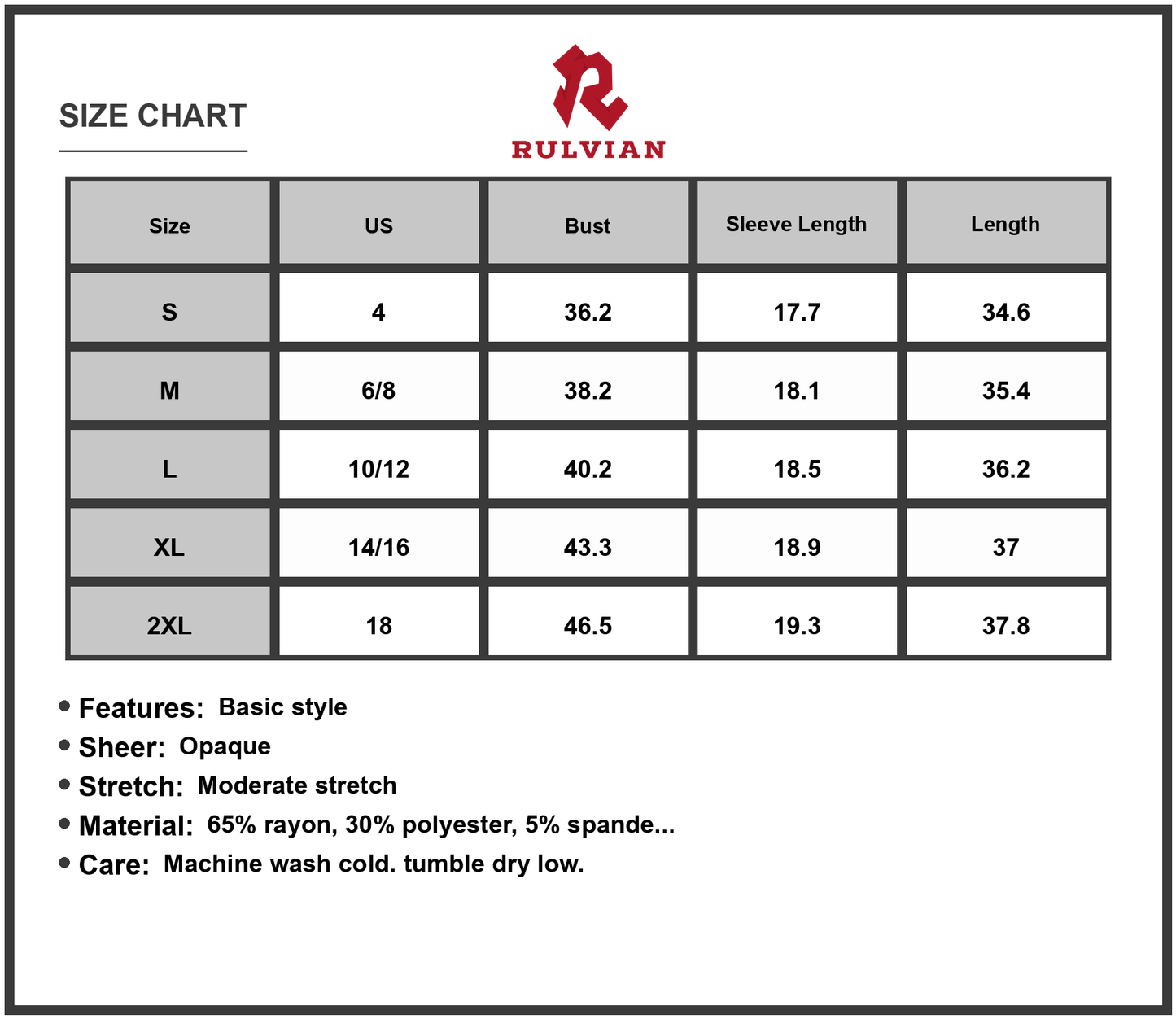 Size Chart - Women's Tiered Ruched V Neck Mini Dress with Opaque Stretch and Sheer Overlay 65% Rayon 30% Polyester 5% Spandex
