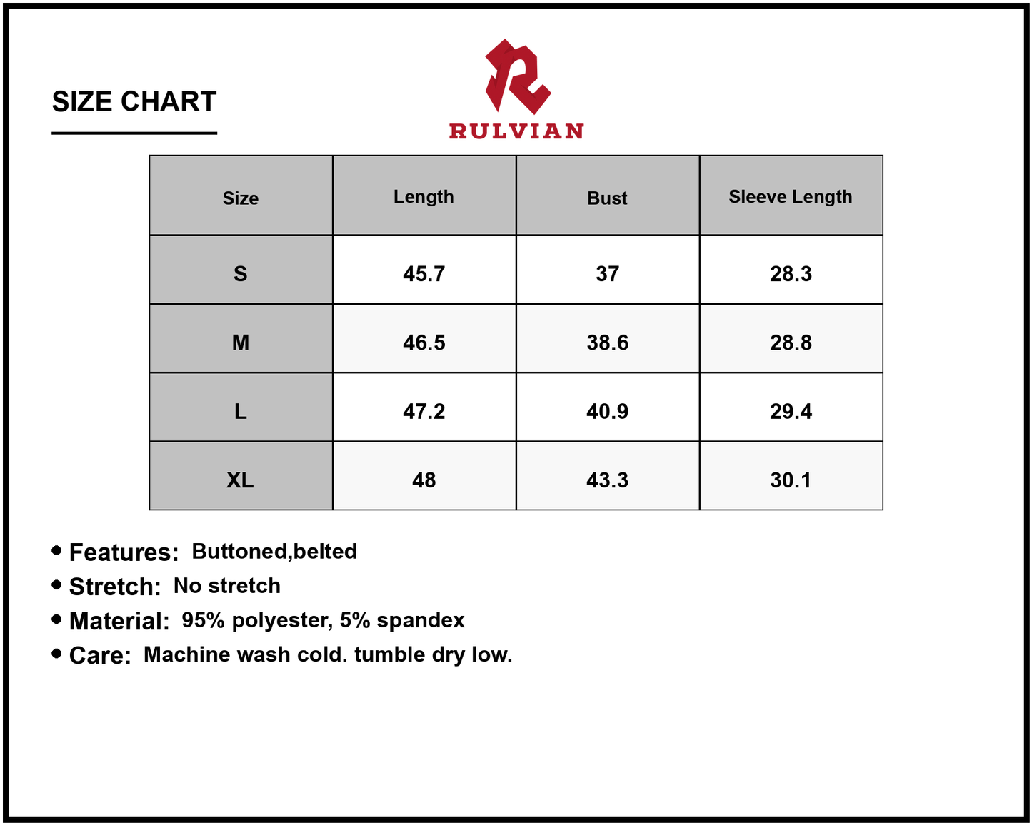 Size Chart - Women's Button Down Printed Long Sleeve Shirt Dress with Belt and Ninety Five Percent Polyester and Five Percent Spandex