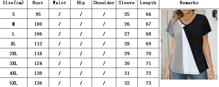 Size Chart - Women's Printing Color Contrast Loose Short-sleeved T-shirt Button Top