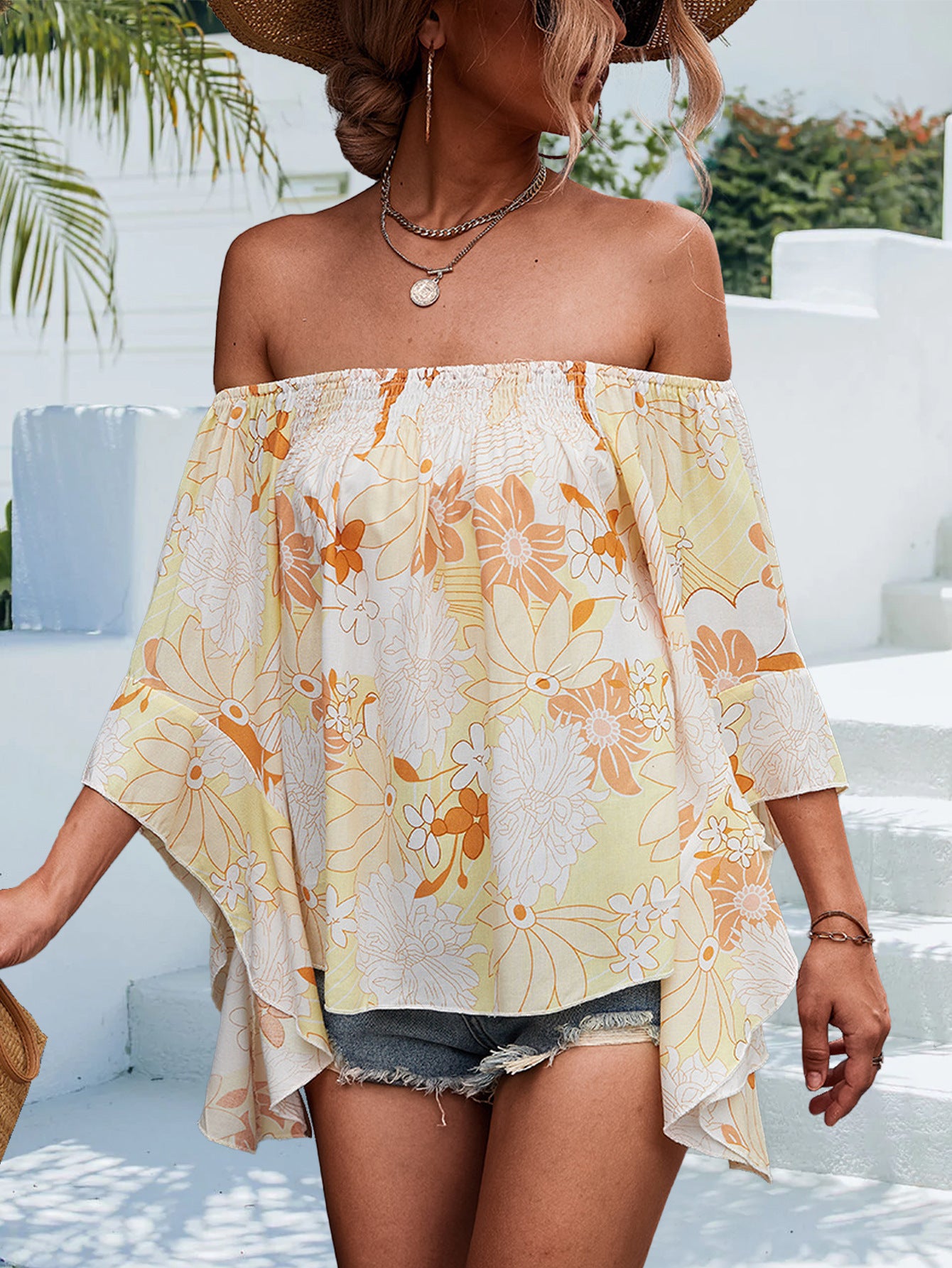 Women's Yellow Orange Printed Flared Sleeve Top 100% Polyester Fiber Loose Fit Casual Blouse Versatile Wear